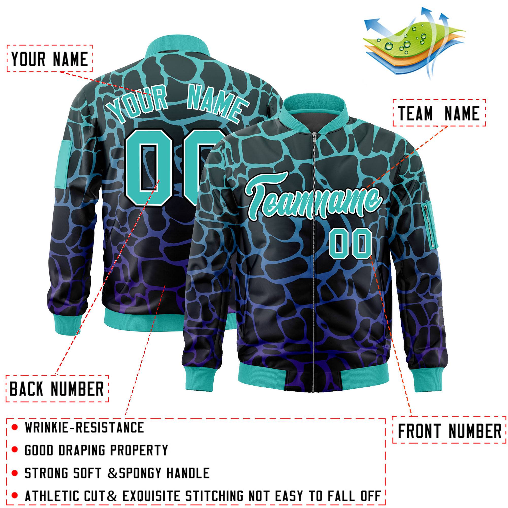 Custom Black Aqua-Royal Varsity Full-Zip Spotted Letterman Bomber Jacket