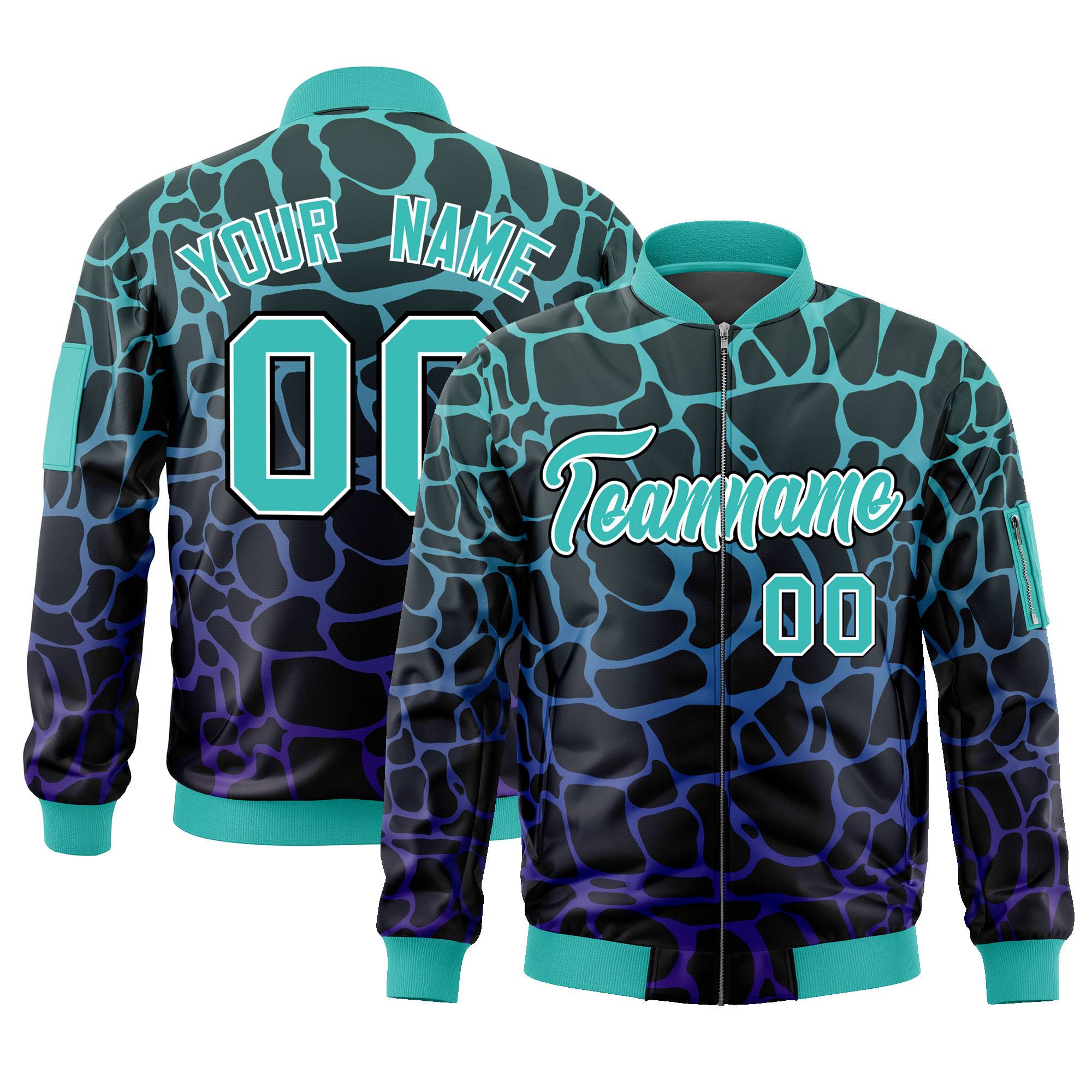 Custom Black Aqua-Royal Varsity Full-Zip Spotted Letterman Bomber Jacket