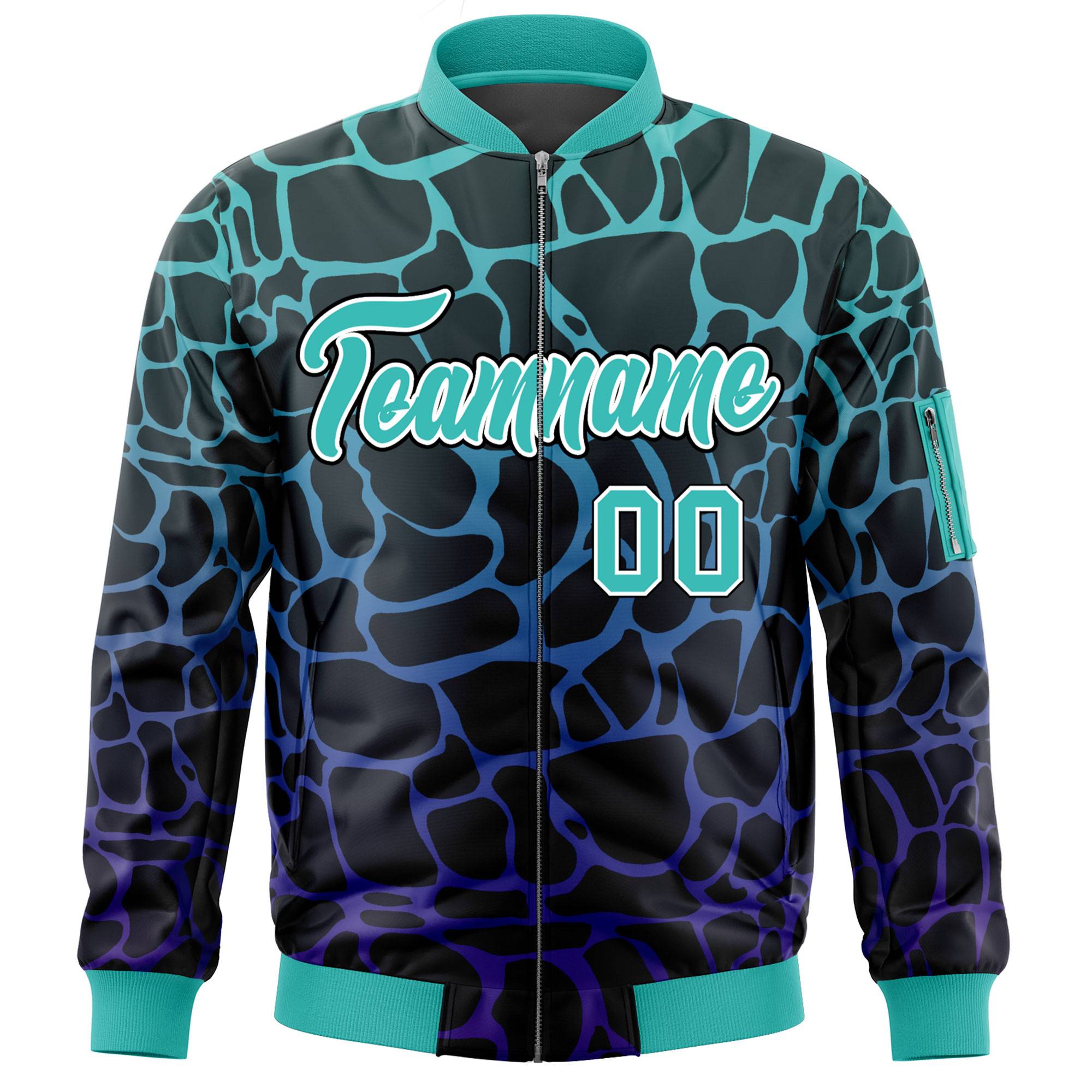 Custom Black Aqua-Royal Varsity Full-Zip Spotted Letterman Bomber Jacket