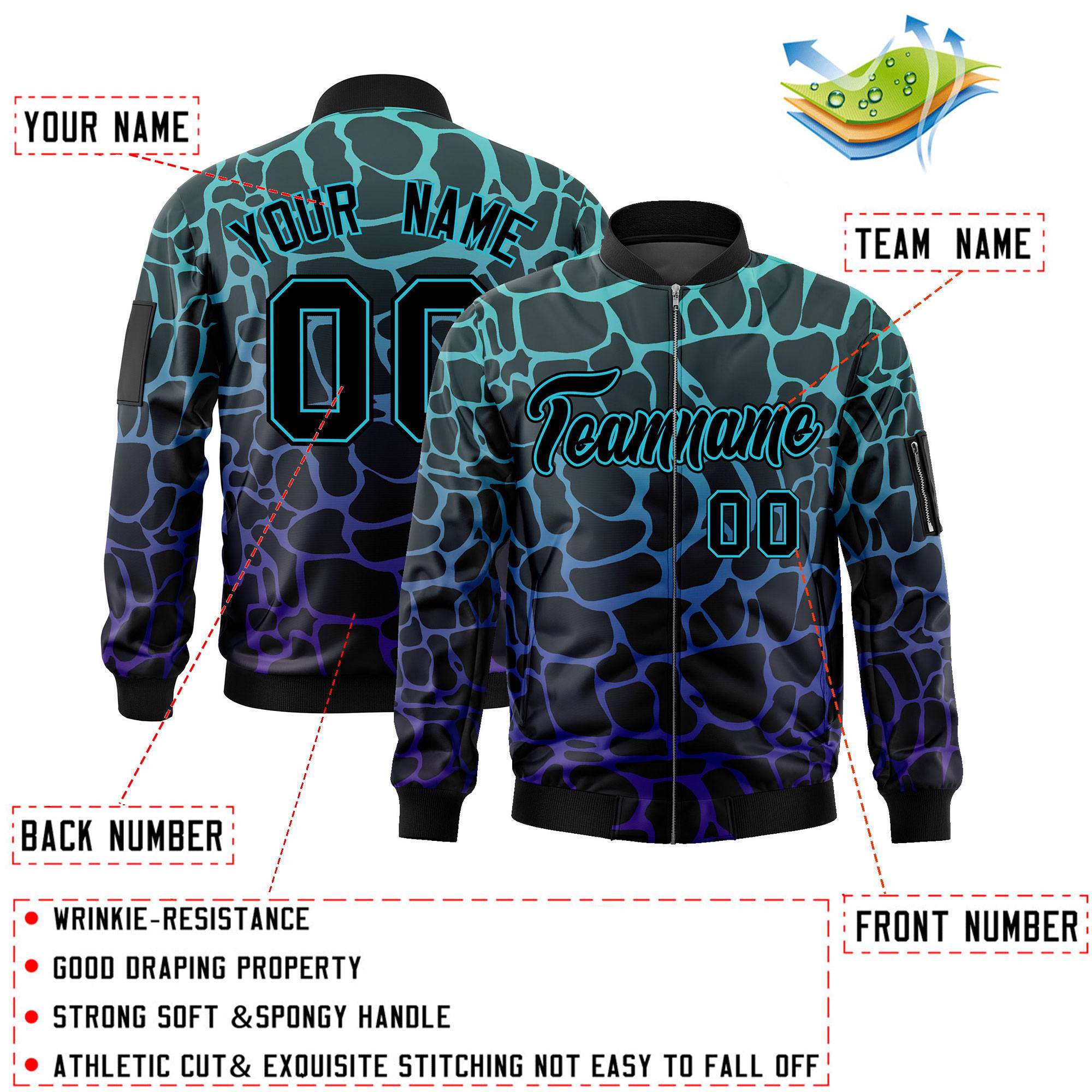 Custom Black Aqua-Royal Varsity Full-Zip Spotted Letterman Bomber Jacket