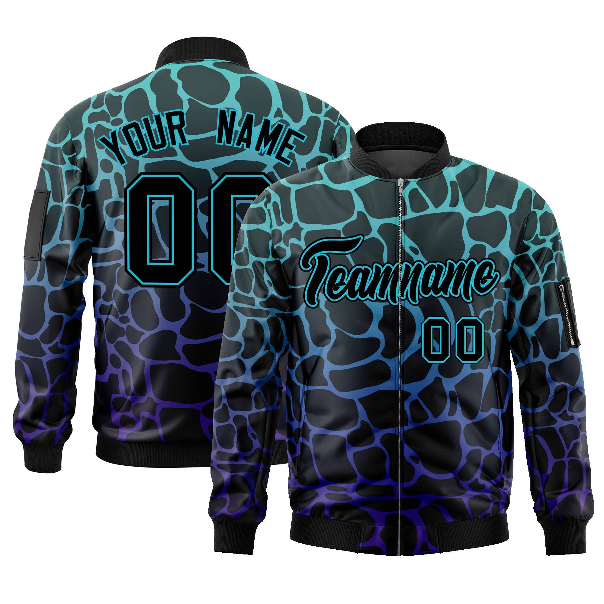 Custom Black Aqua-Royal Varsity Full-Zip Spotted Letterman Bomber Jacket