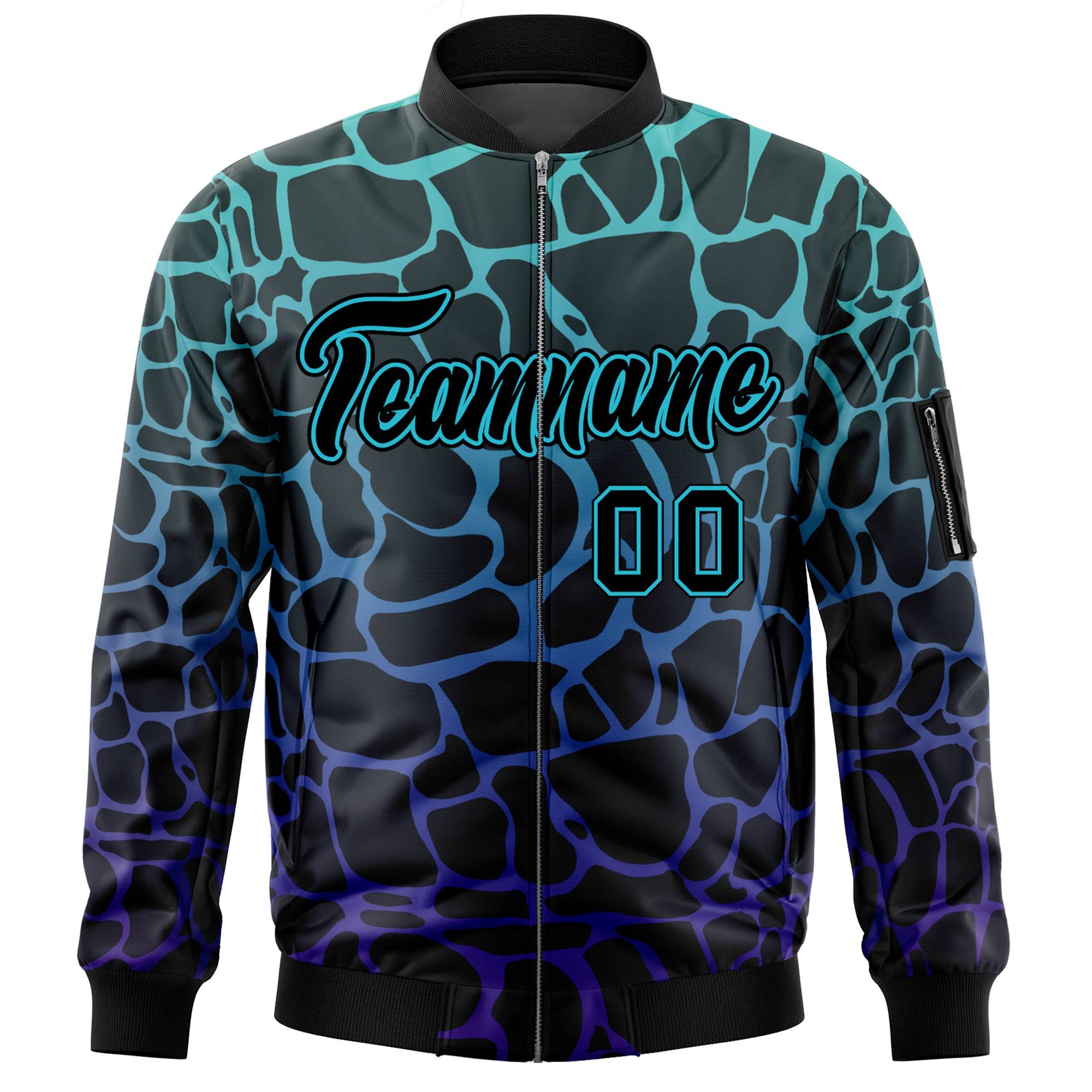 Custom Black Aqua-Royal Varsity Full-Zip Spotted Letterman Bomber Jacket