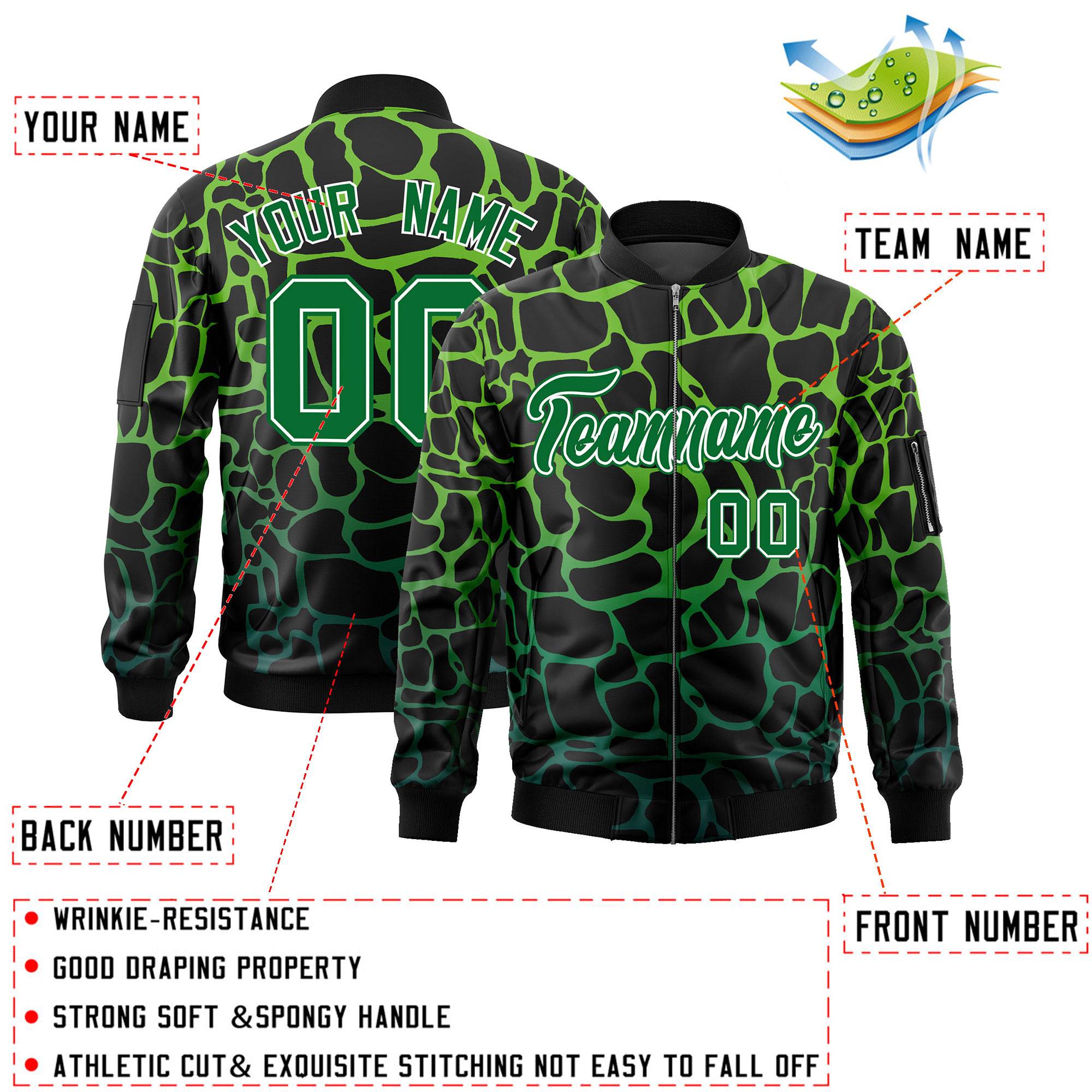 Custom Black Green Varsity Full-Zip Spotted Letterman Bomber Jacket