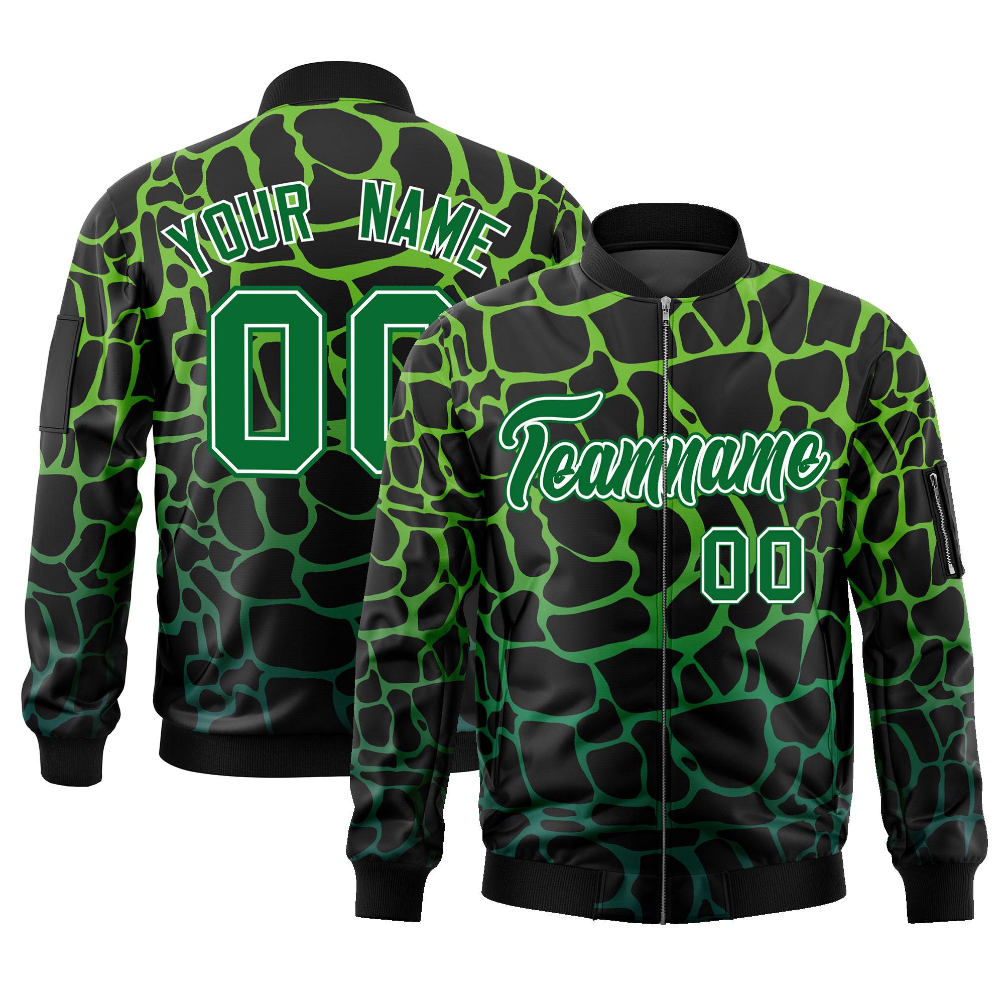 Custom Black Green Varsity Full-Zip Spotted Letterman Bomber Jacket