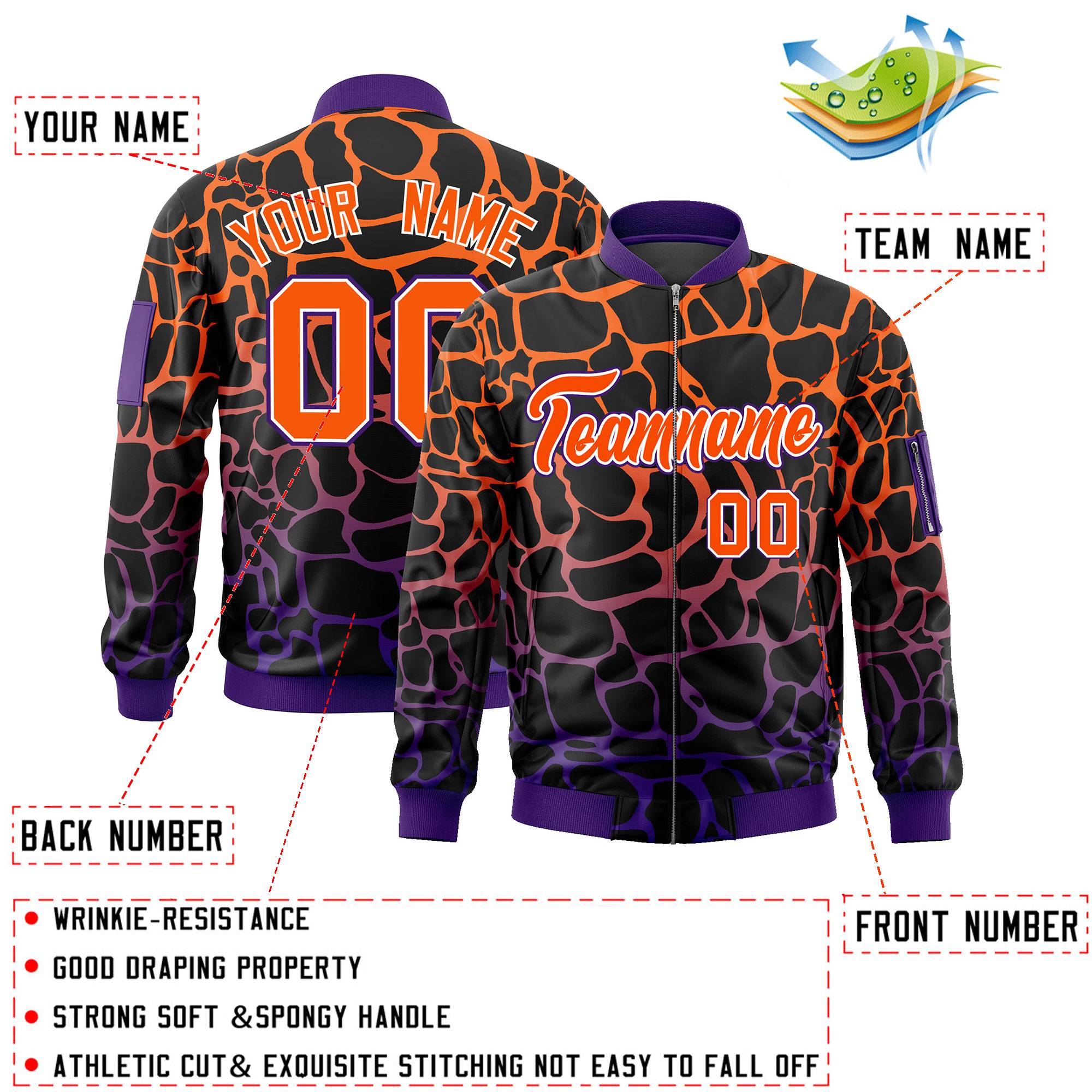 Custom Black Orange-Purple Varsity Full-Zip Spotted Letterman Bomber Jacket