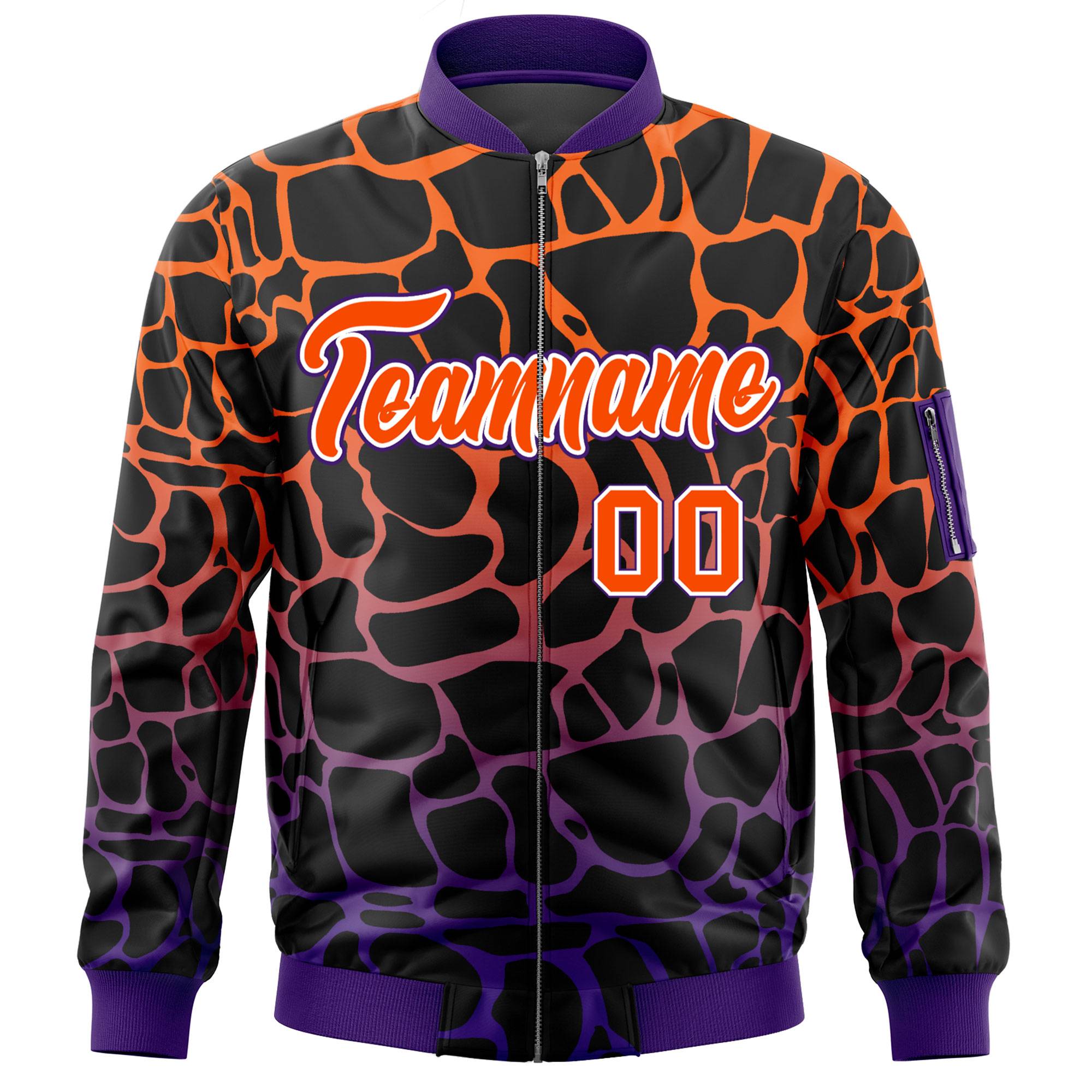 Custom Black Orange-Purple Varsity Full-Zip Spotted Letterman Bomber Jacket