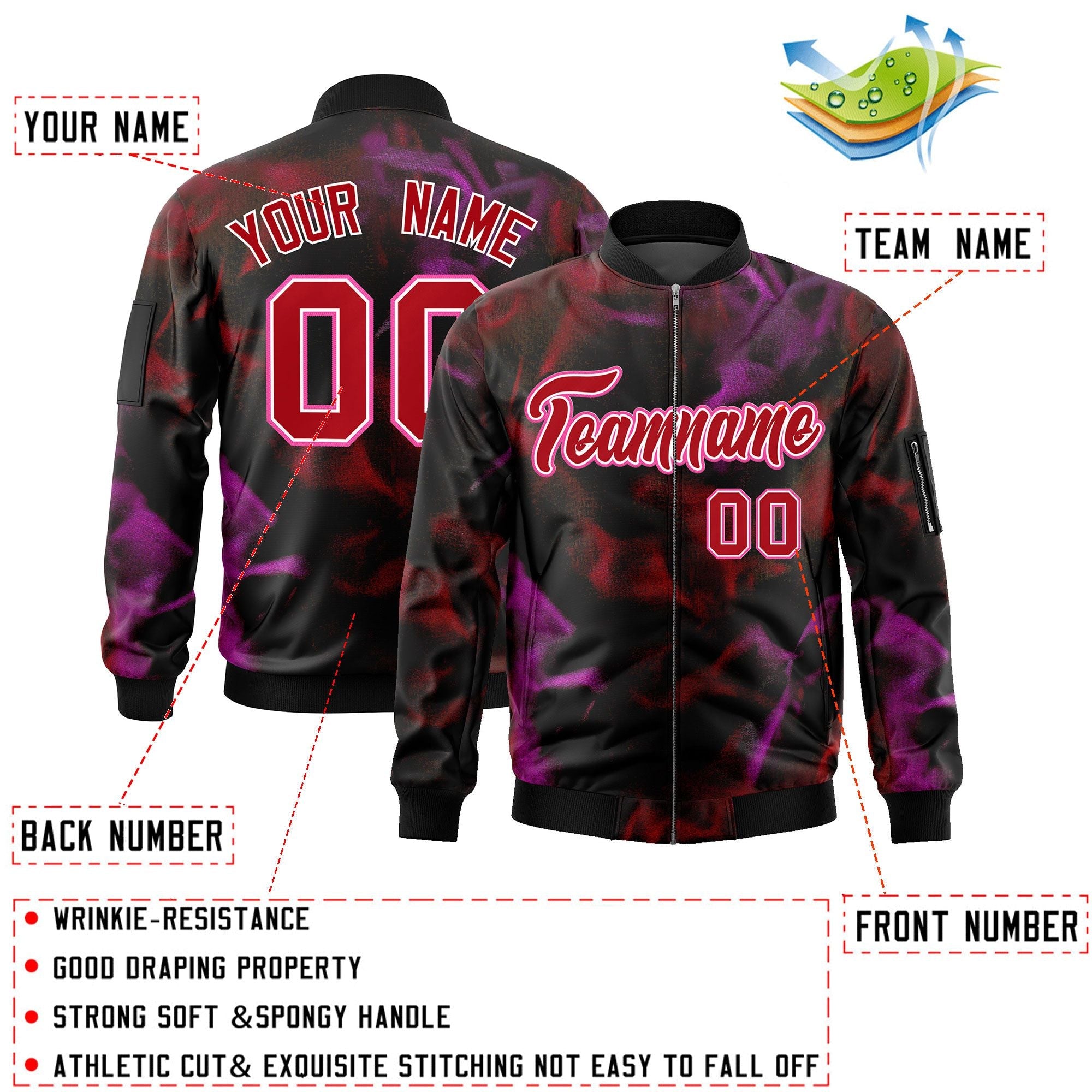 Custom Black Red-Pink Varsity Full-Zip Blur Spray Letterman Bomber Jacket