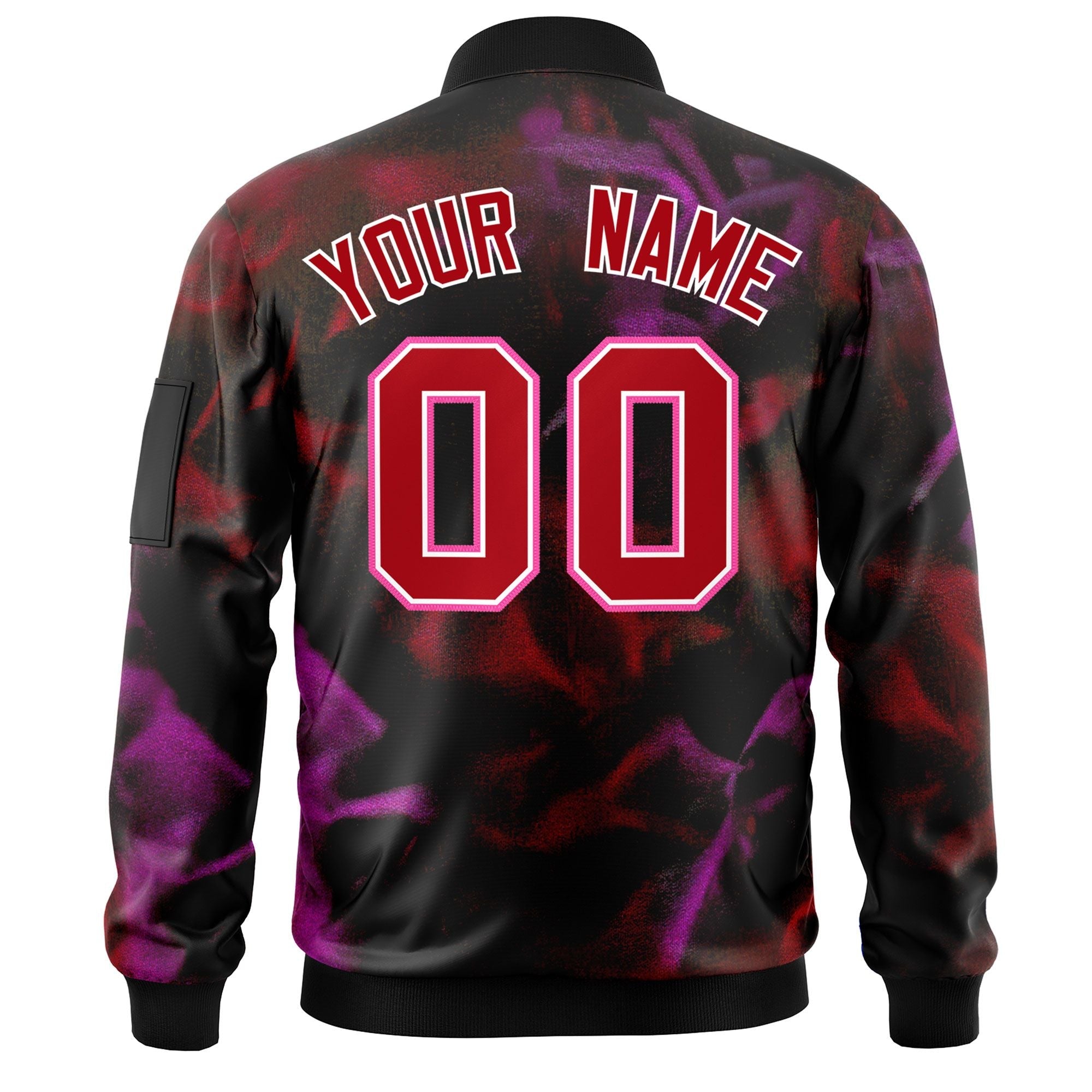 Custom Black Red-Pink Varsity Full-Zip Blur Spray Letterman Bomber Jacket