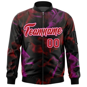 Custom Black Red-Pink Varsity Full-Zip Blur Spray Letterman Bomber Jacket