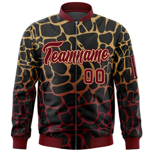 Custom Black Old Gold-Crimson Varsity Full-Zip Spotted Letterman Bomber Jacket