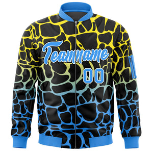 Custom Black Gold-Power Blue Varsity Full-Zip Spotted Letterman Bomber Jacket