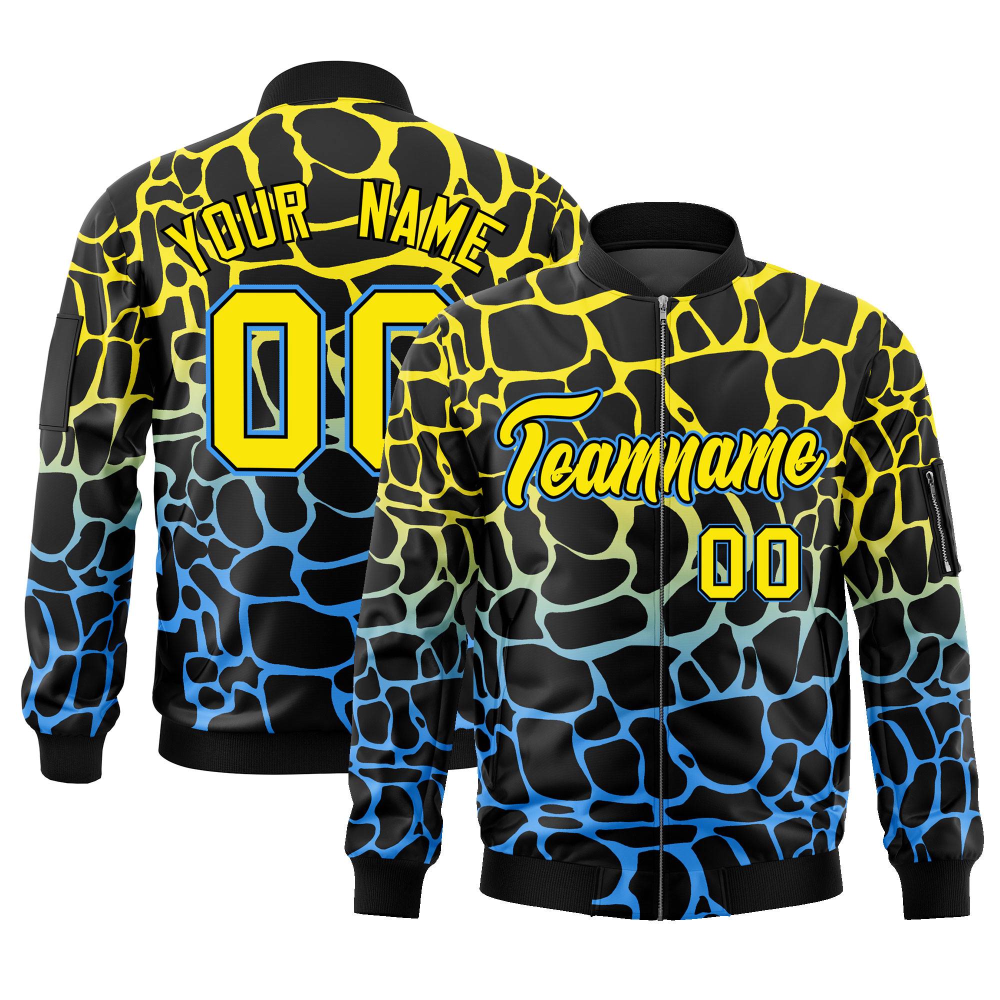 Custom Black Gold-Light Blue Varsity Full-Zip Spotted Letterman Bomber Jacket