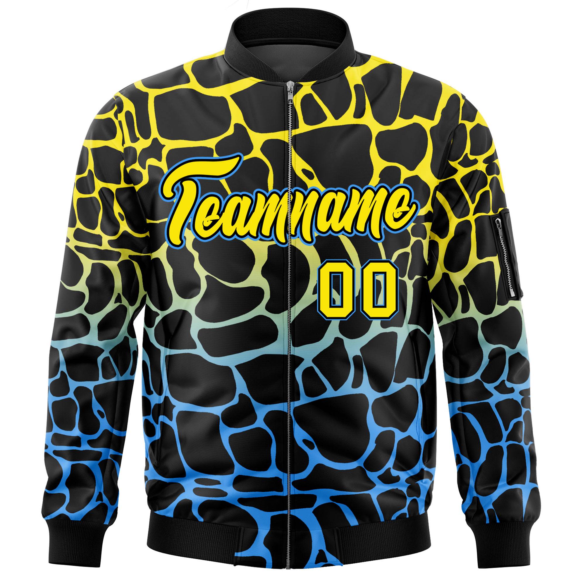 Custom Black Gold-Light Blue Varsity Full-Zip Spotted Letterman Bomber Jacket