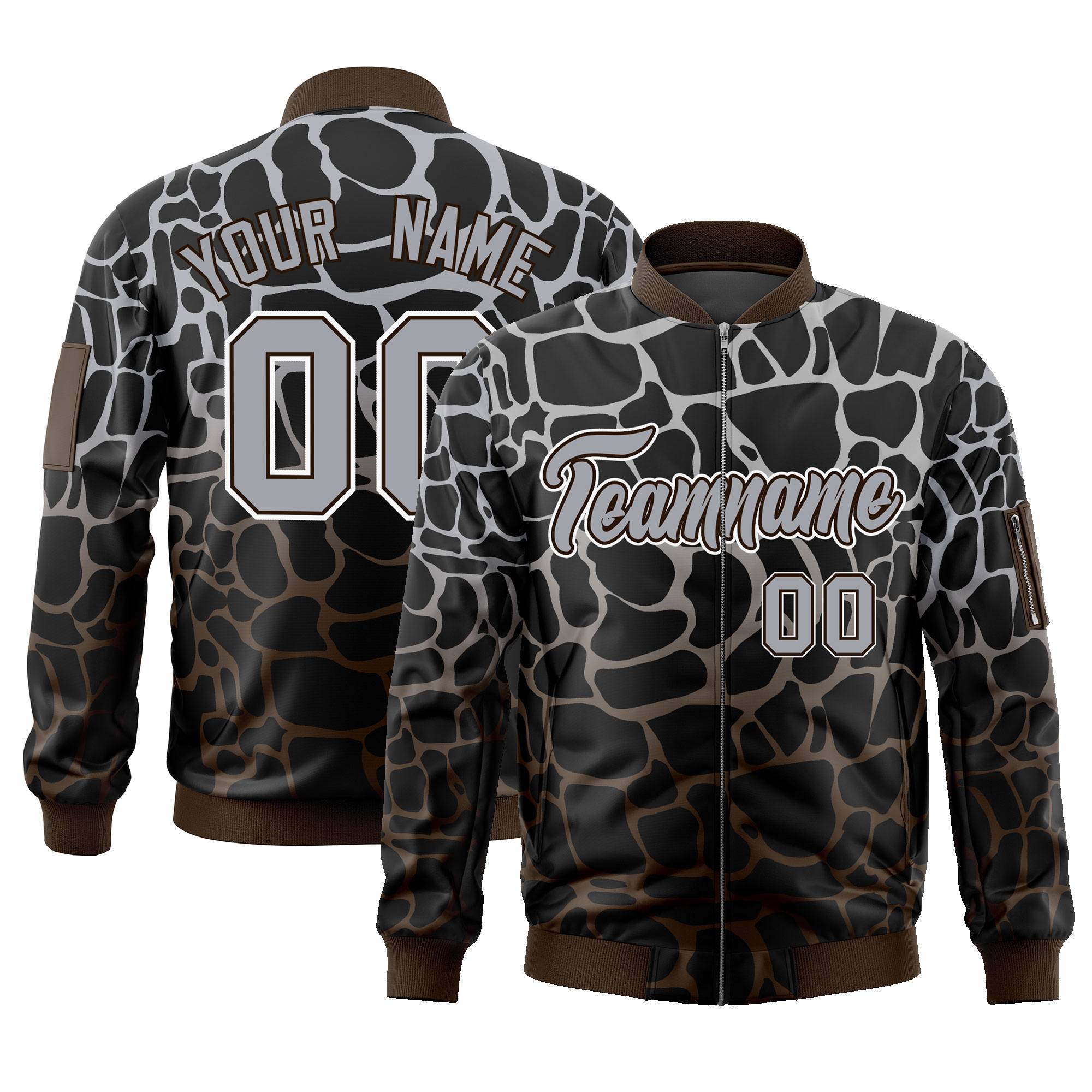 Custom Black Gray-Brown Varsity Full-Zip Spotted Letterman Bomber Jacket