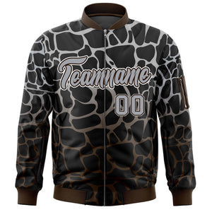 Custom Black Gray-Brown Varsity Full-Zip Spotted Letterman Bomber Jacket