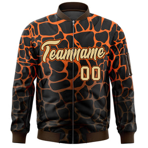 Custom Black Orange-Brown Varsity Full-Zip Spotted Letterman Bomber Jacket