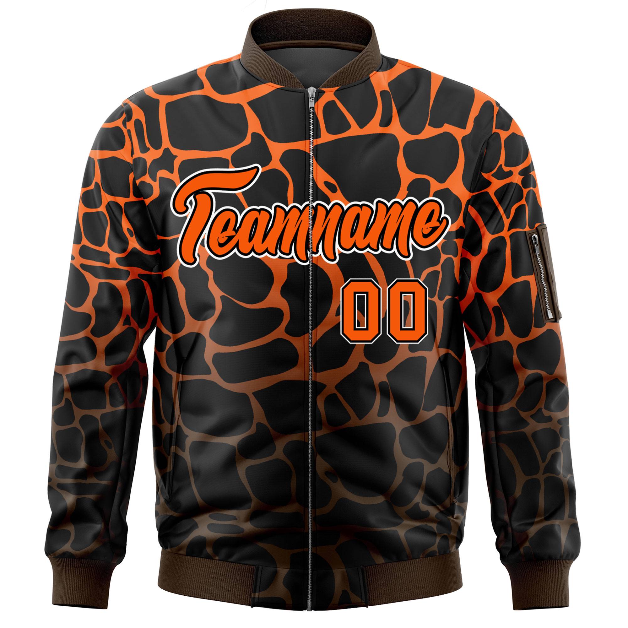 Custom Black Orange-Brown Varsity Full-Zip Spotted Letterman Bomber Jacket