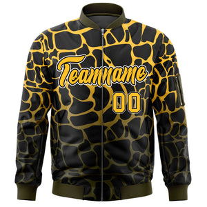 Custom Black Gold-Olive Varsity Full-Zip Spotted Letterman Bomber Jacket