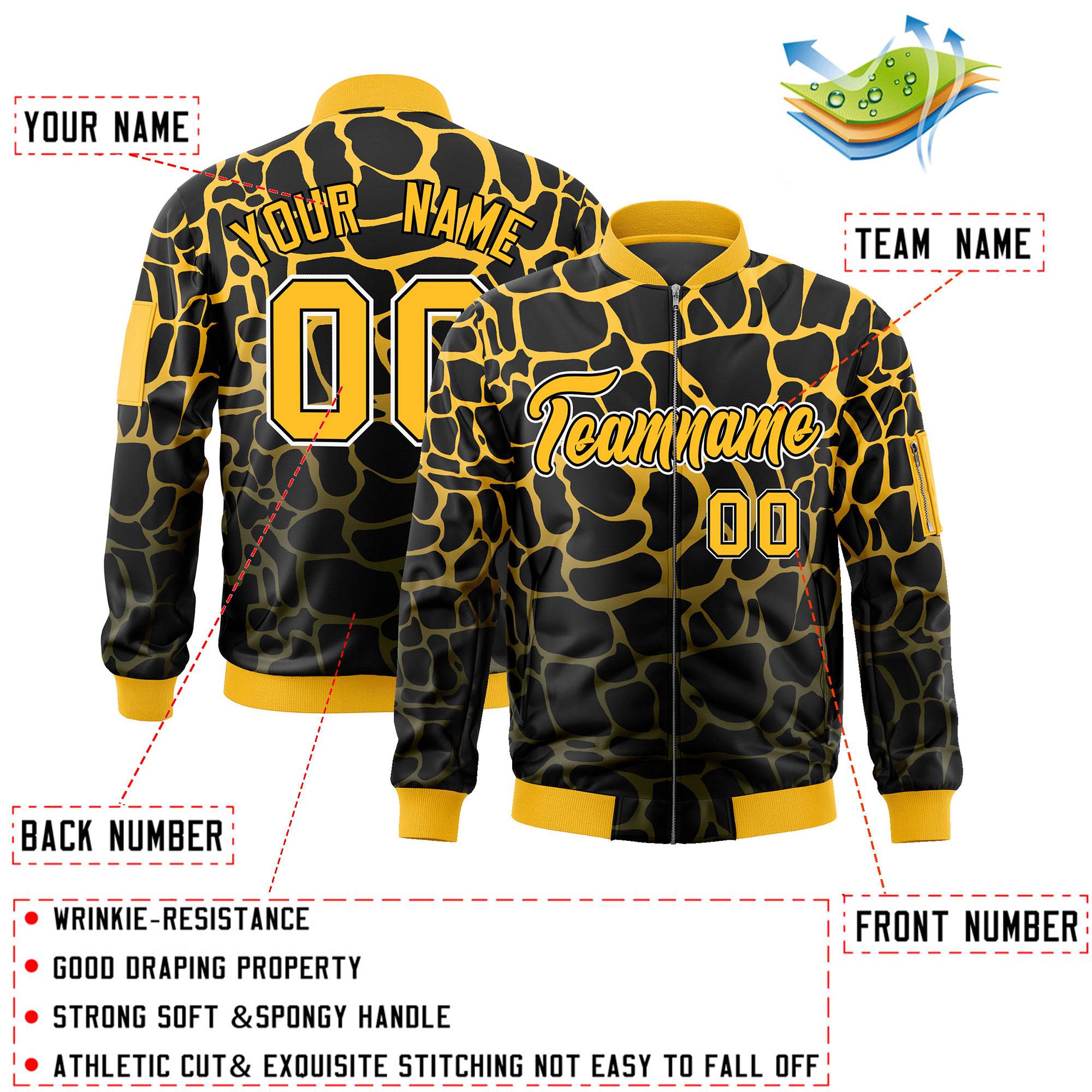 Custom Black Gold-Olive Varsity Full-Zip Spotted Letterman Bomber Jacket