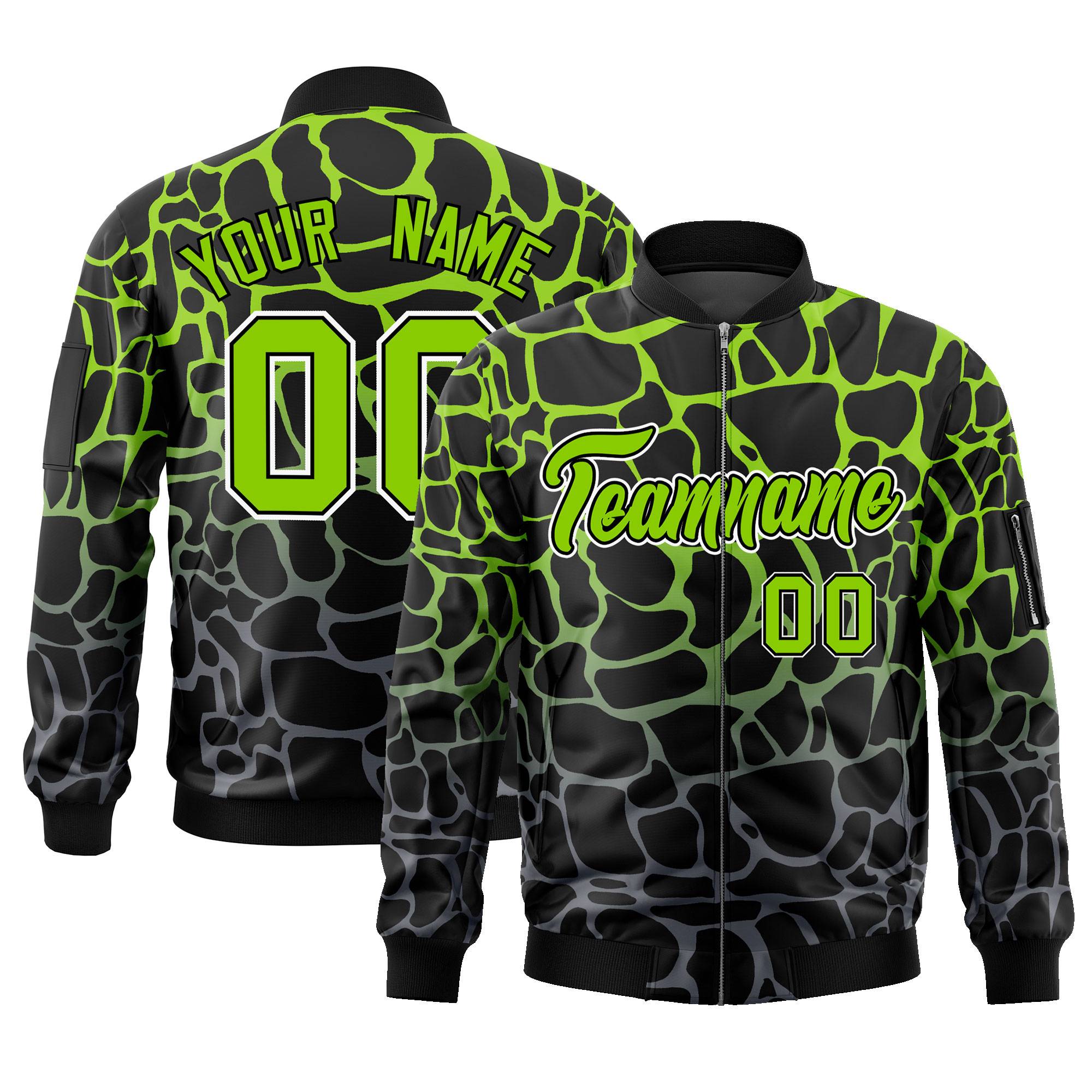 Custom Black Neon Green-Gray Varsity Full-Zip Spotted Letterman Bomber Jacket