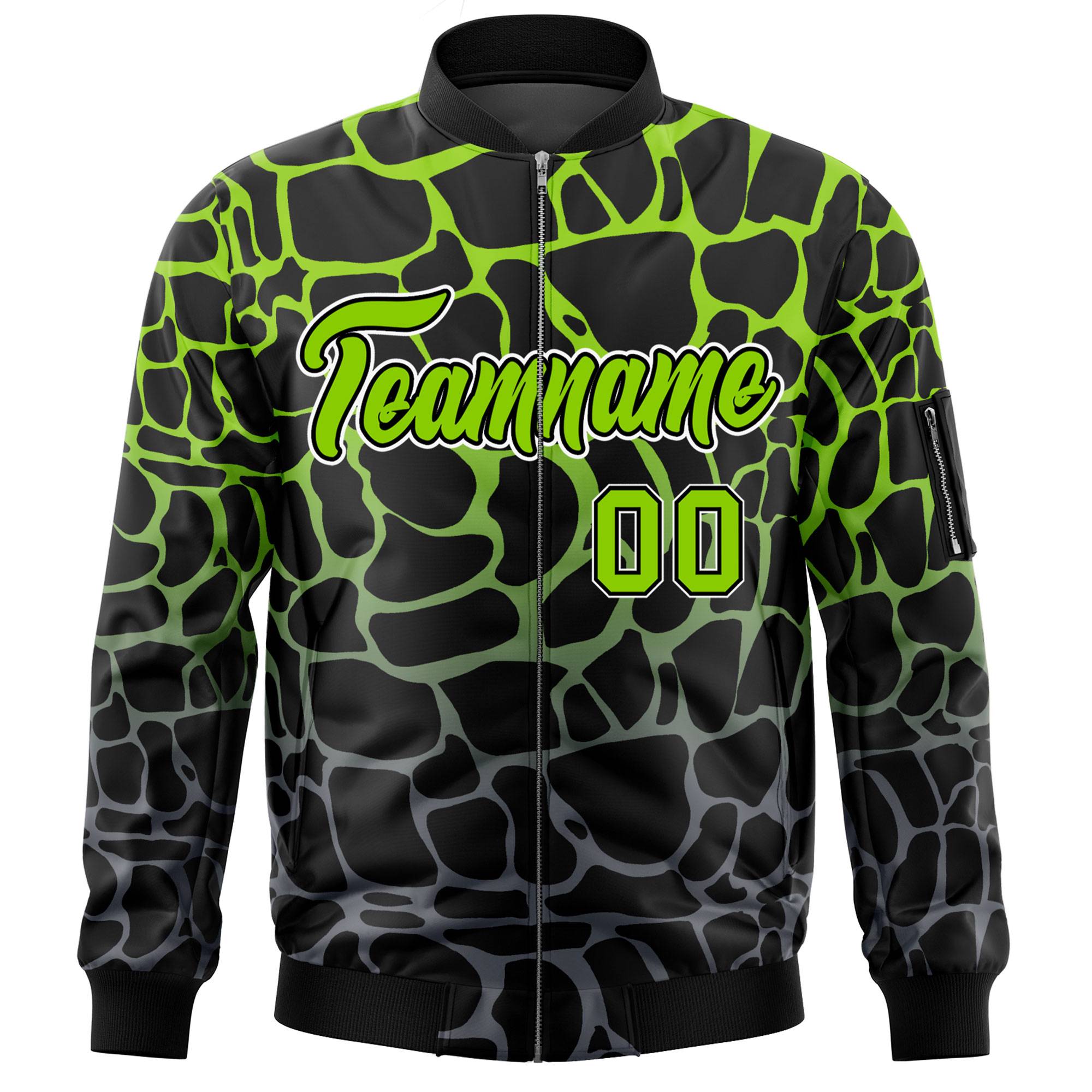 Custom Black Neon Green-Gray Varsity Full-Zip Spotted Letterman Bomber Jacket