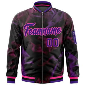 Custom Black Purple-Pink Varsity Full-Zip Blur Spray Letterman Bomber Jacket