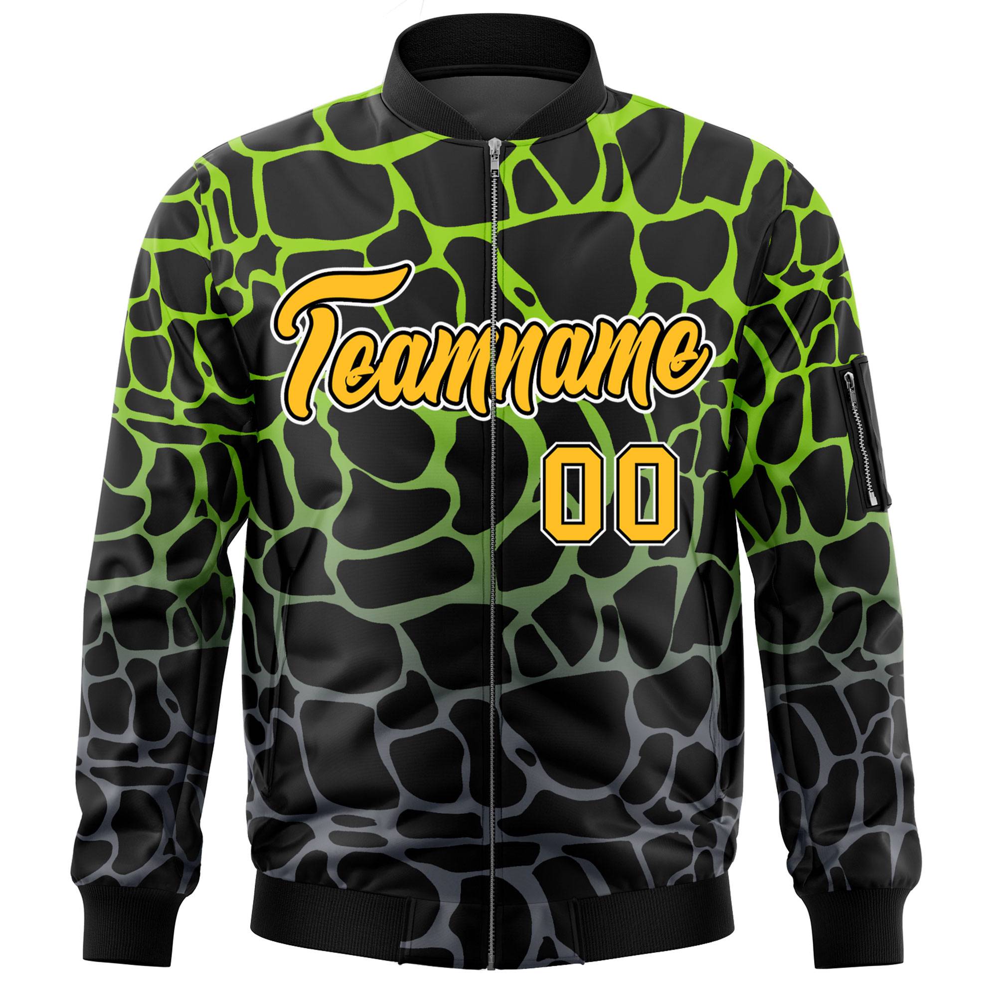 Custom Black Neon Green-Gray Varsity Full-Zip Spotted Letterman Bomber Jacket