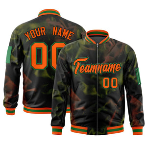 Custom Black Orange-Green Varsity Full-Zip Blur Spray Letterman Bomber Jacket