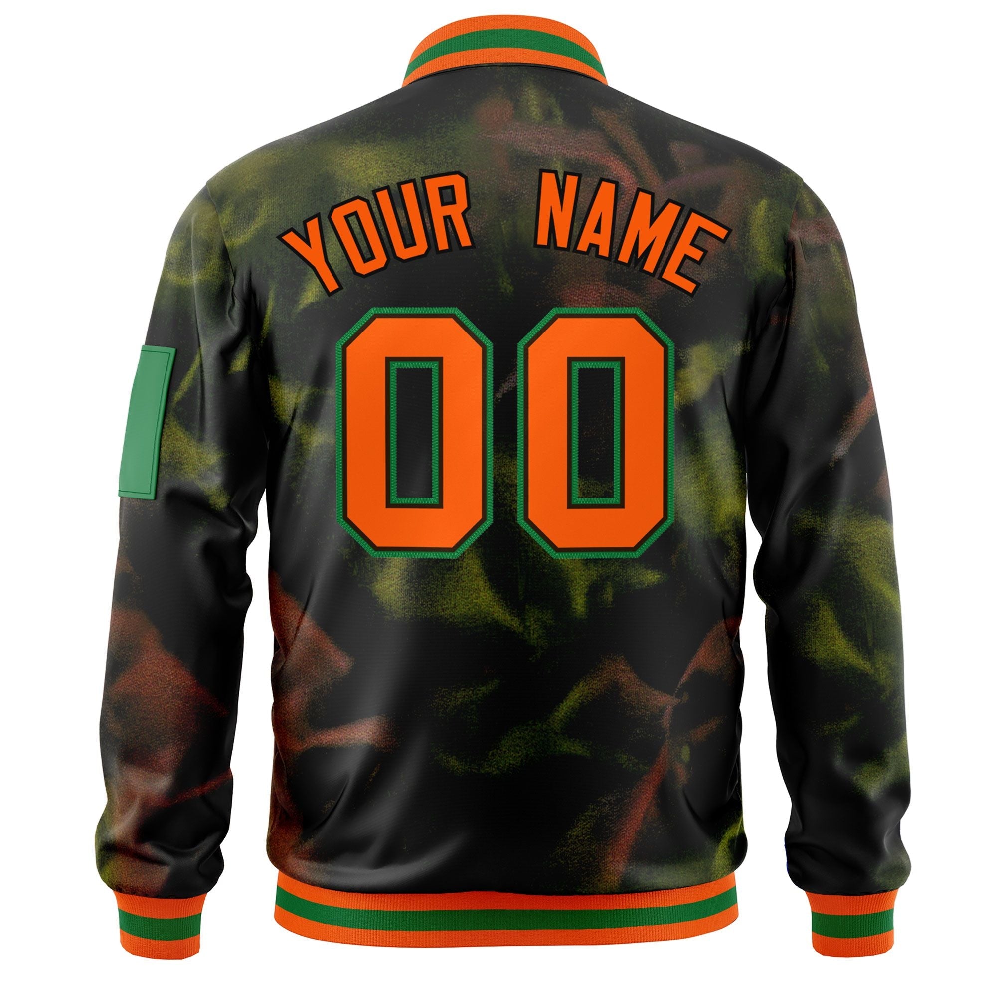 Custom Black Orange-Green Varsity Full-Zip Blur Spray Letterman Bomber Jacket