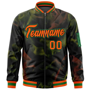 Custom Black Orange-Green Varsity Full-Zip Blur Spray Letterman Bomber Jacket