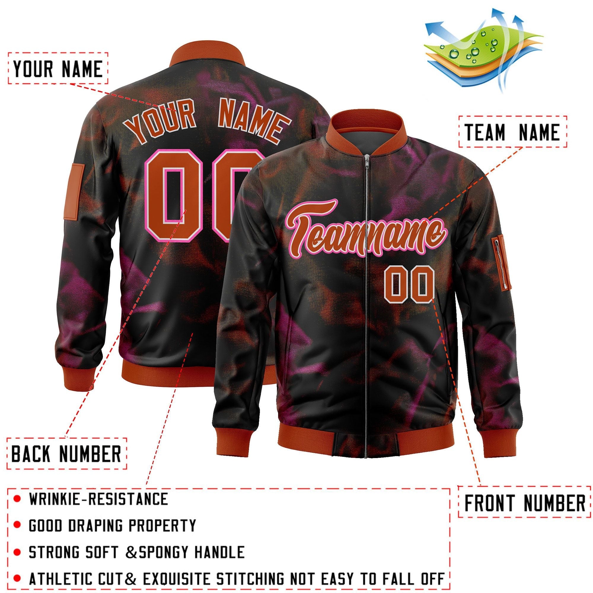 Custom Black Red-Pink Varsity Full-Zip Blur Spray Letterman Bomber Jacket