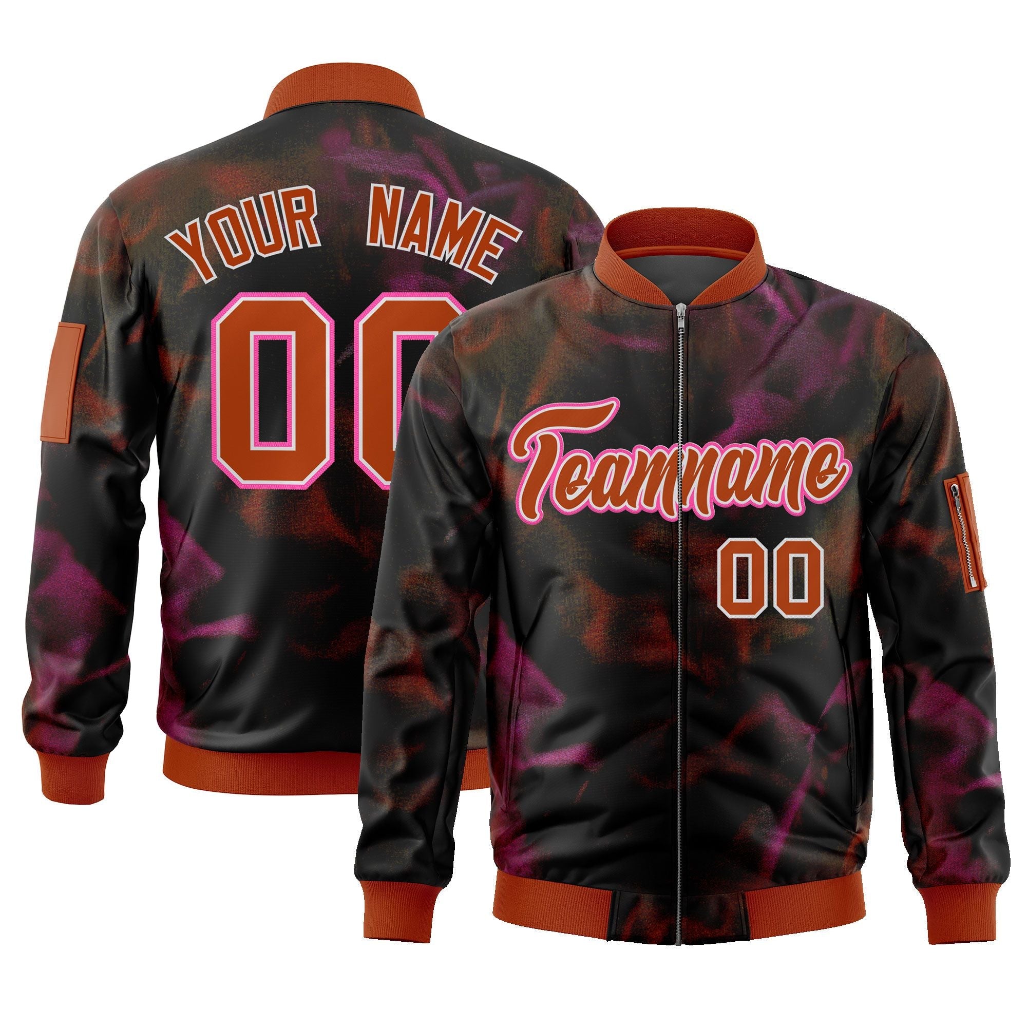 Custom Black Red-Pink Varsity Full-Zip Blur Spray Letterman Bomber Jacket