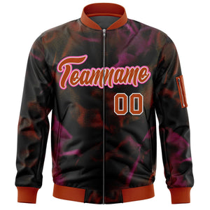 Custom Black Red-Pink Varsity Full-Zip Blur Spray Letterman Bomber Jacket