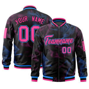 Custom Black Pink-Powder Blue Varsity Full-Zip Blur Spray Letterman Bomber Jacket