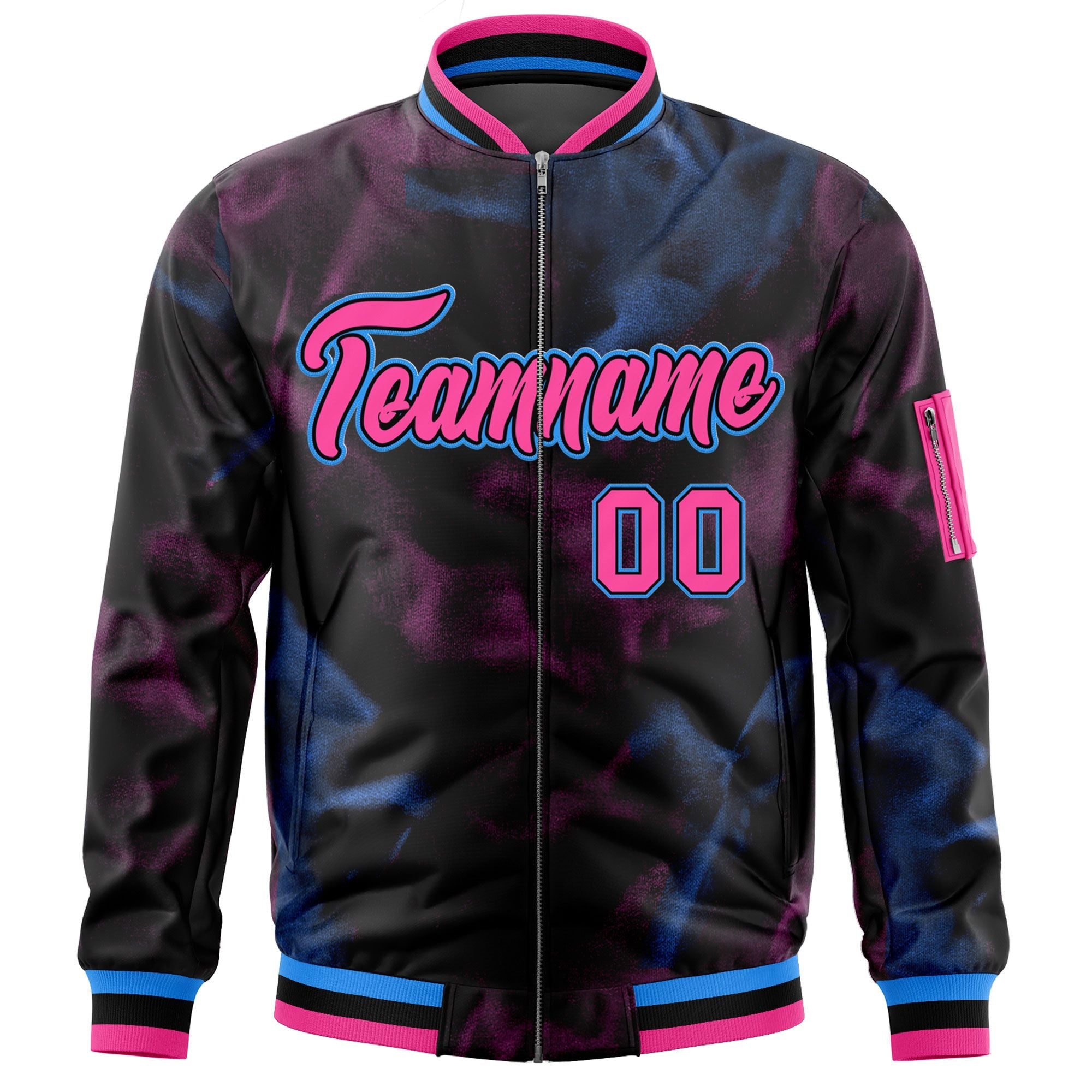 Custom Black Pink-Powder Blue Varsity Full-Zip Blur Spray Letterman Bomber Jacket