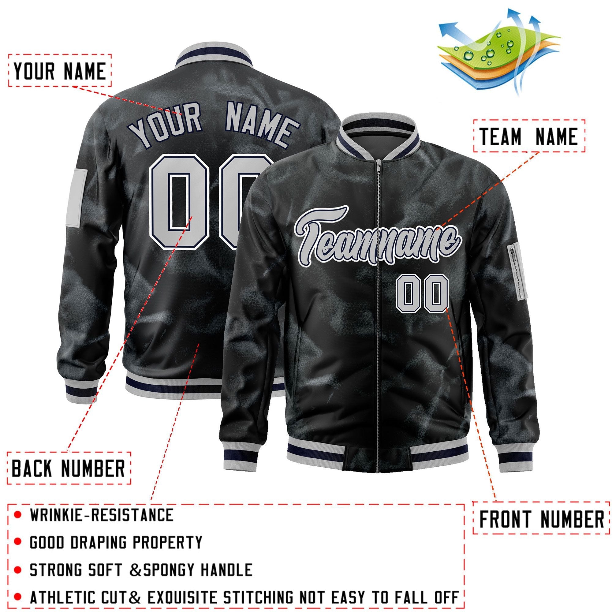 Custom Black Gray-White Varsity Full-Zip Blur Spray Letterman Bomber Jacket