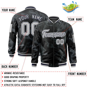 Custom Black Gray-White Varsity Full-Zip Blur Spray Letterman Bomber Jacket