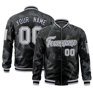 Custom Black Gray-White Varsity Full-Zip Blur Spray Letterman Bomber Jacket