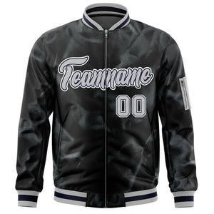 Custom Black Gray-White Varsity Full-Zip Blur Spray Letterman Bomber Jacket