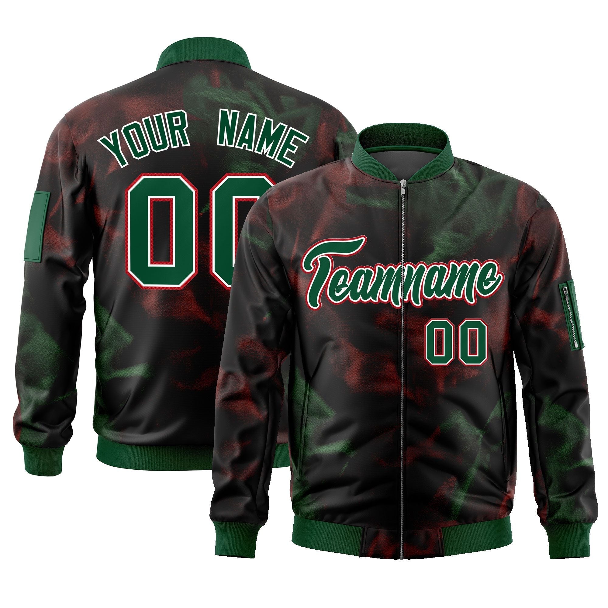 Custom Black Green-Red Varsity Full-Zip Blur Spray Letterman Bomber Jacket