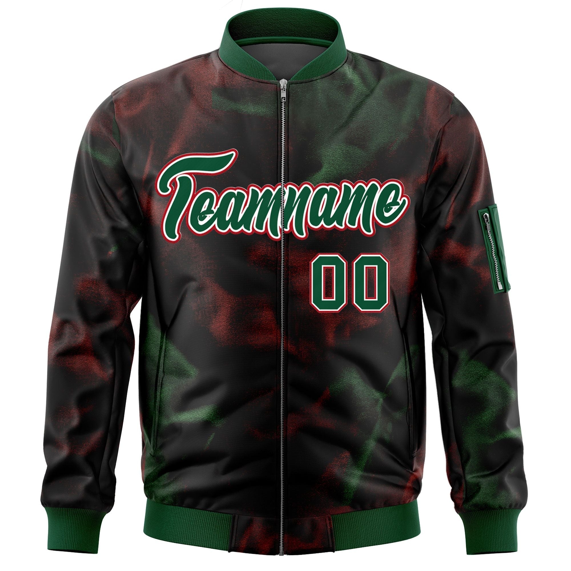 Custom Black Green-Red Varsity Full-Zip Blur Spray Letterman Bomber Jacket