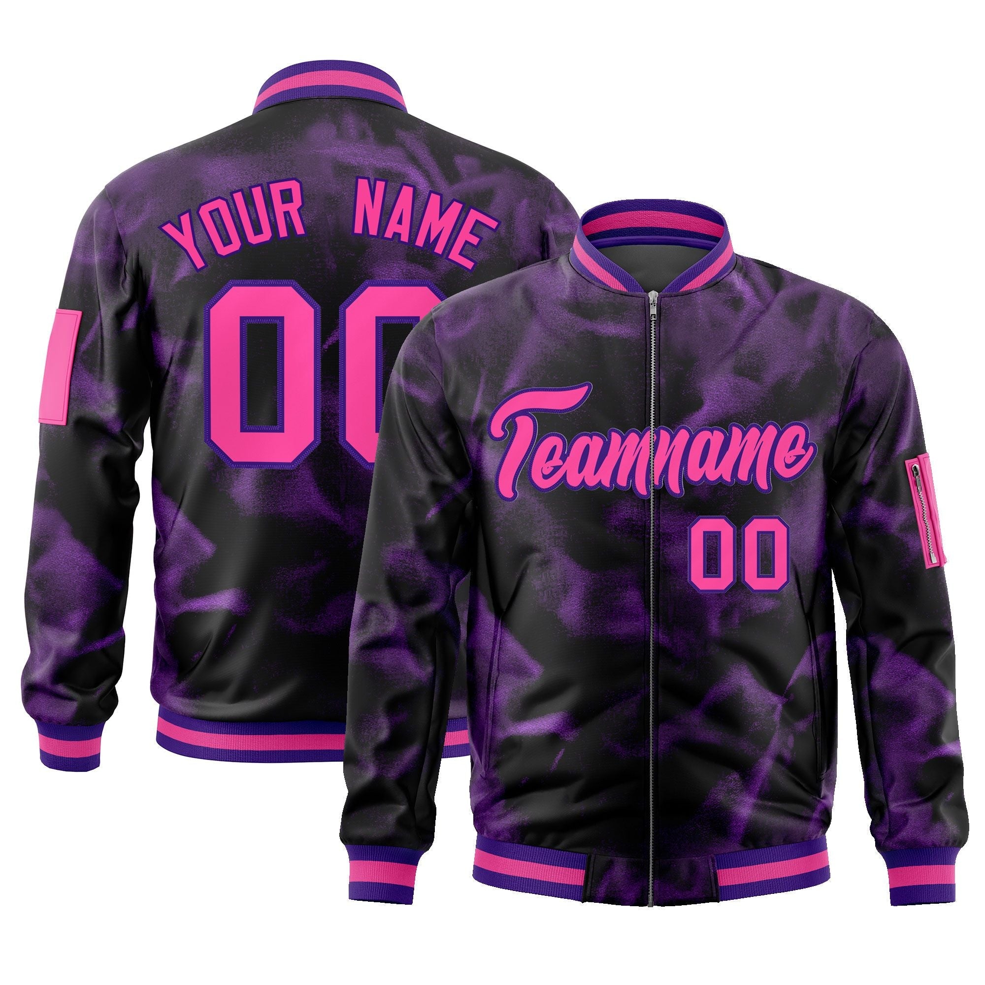 Custom Black Pink-Purple Varsity Full-Zip Blur Spray Letterman Bomber Jacket