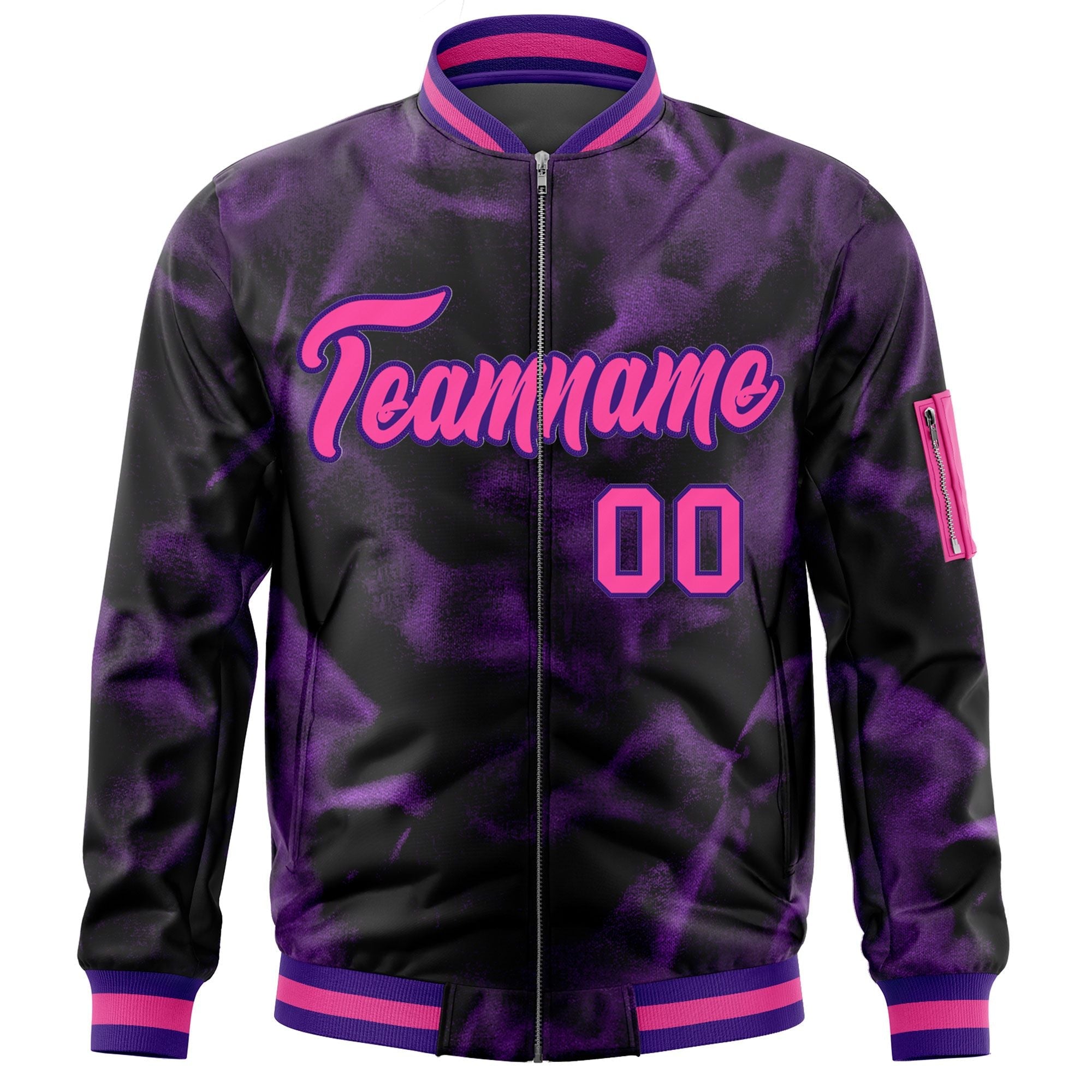 Custom Black Pink-Purple Varsity Full-Zip Blur Spray Letterman Bomber Jacket