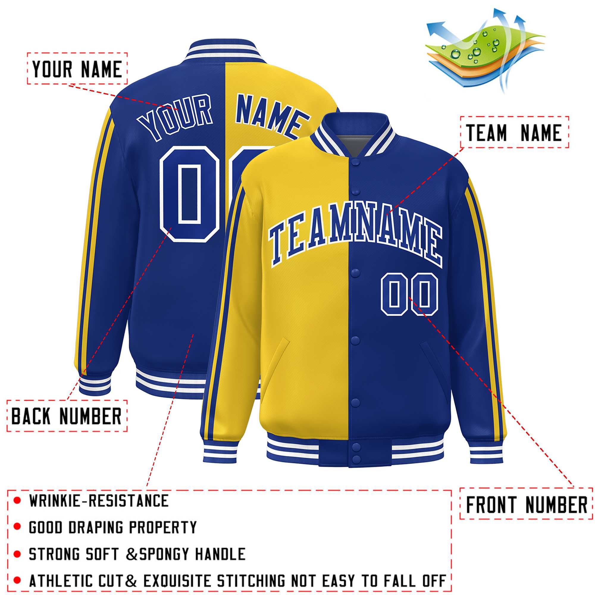 Custom Royal Gold Two Tone Color Block Bomber Varsity Baseball Jacket