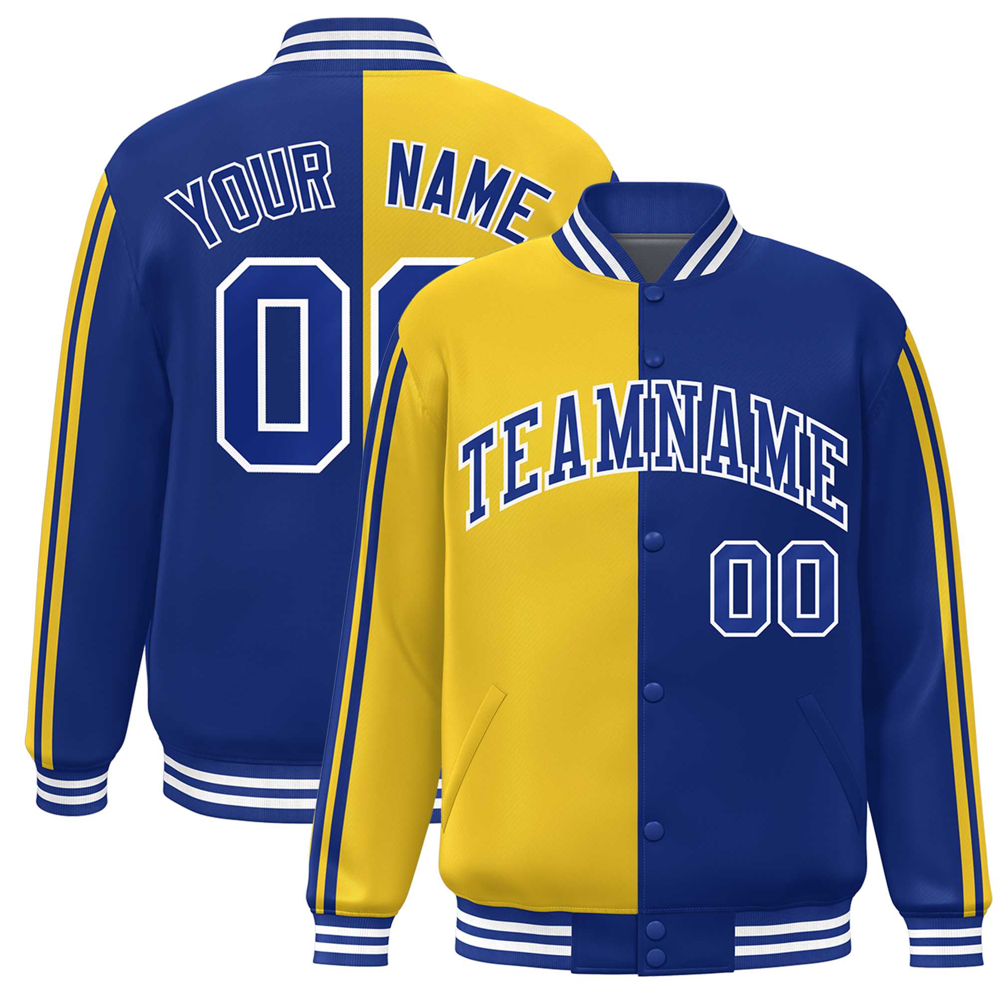 Custom Royal Gold Two Tone Color Block Bomber Varsity Baseball Jacket