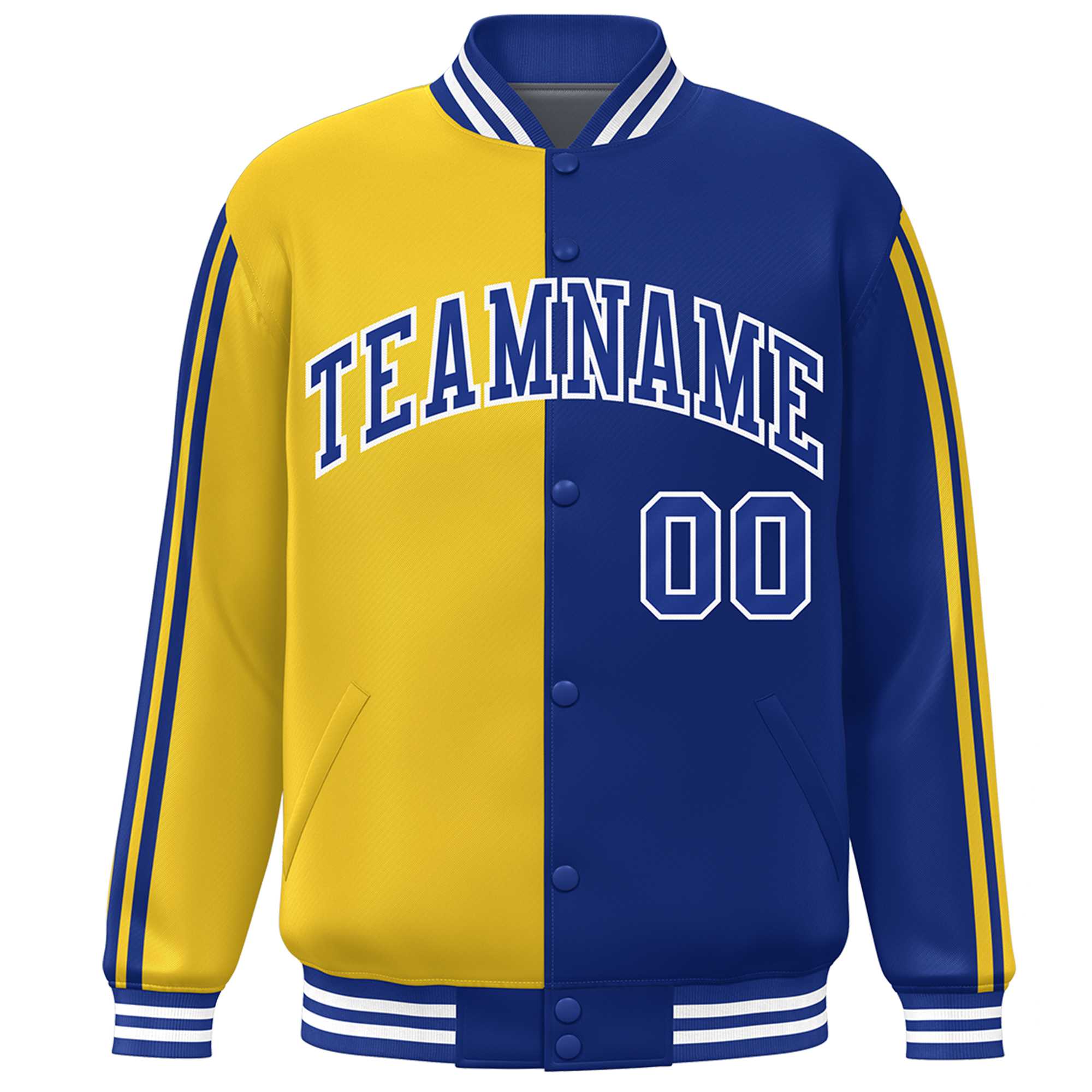 Custom Royal Gold Two Tone Color Block Bomber Varsity Baseball Jacket