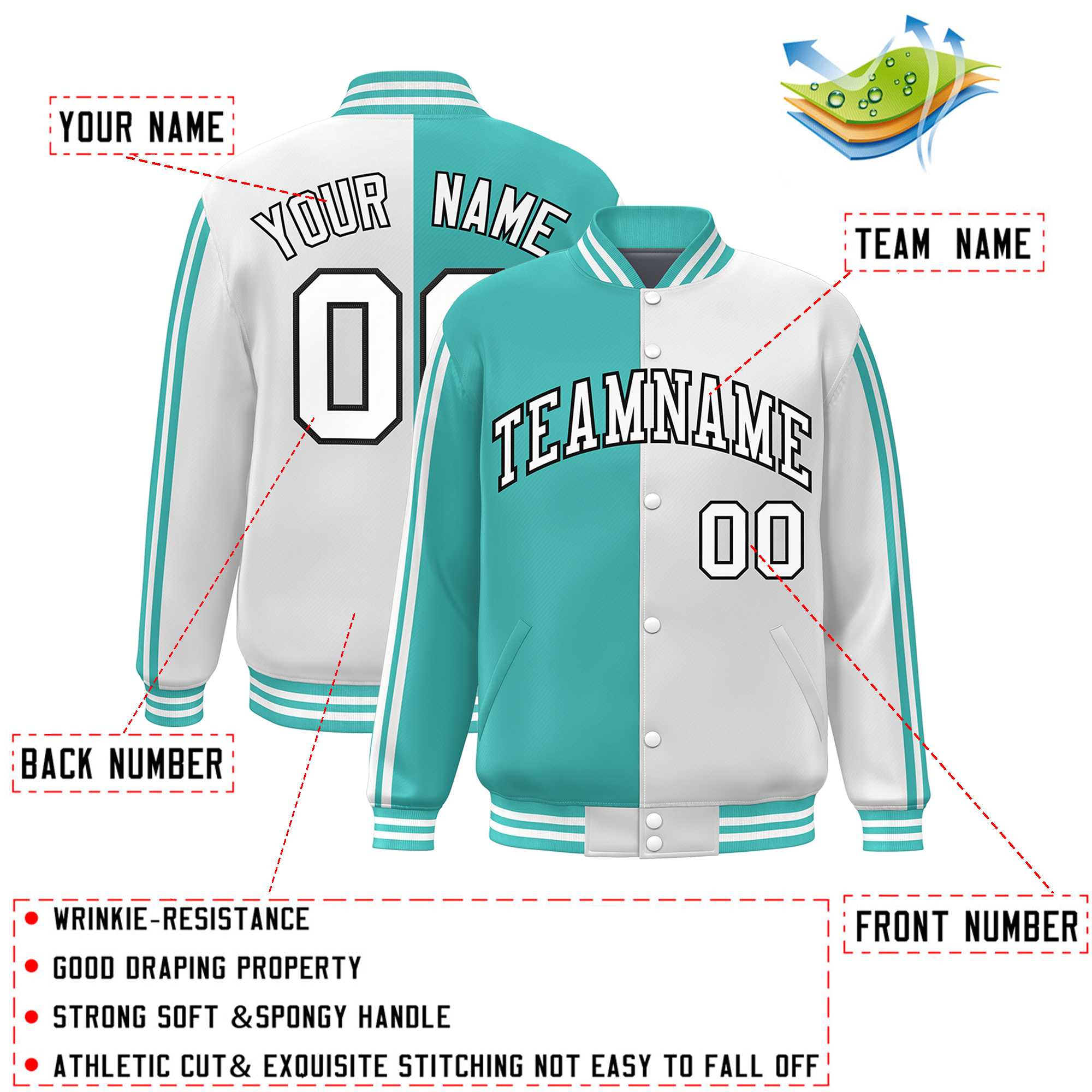 Custom White Aqua Two Tone Color Block Bomber Varsity Baseball Jacket