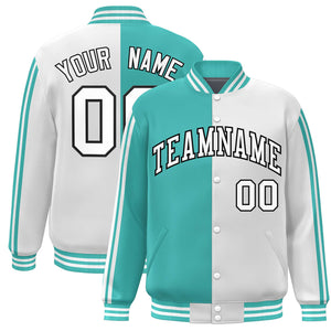 Custom White Aqua Two Tone Color Block Bomber Varsity Baseball Jacket