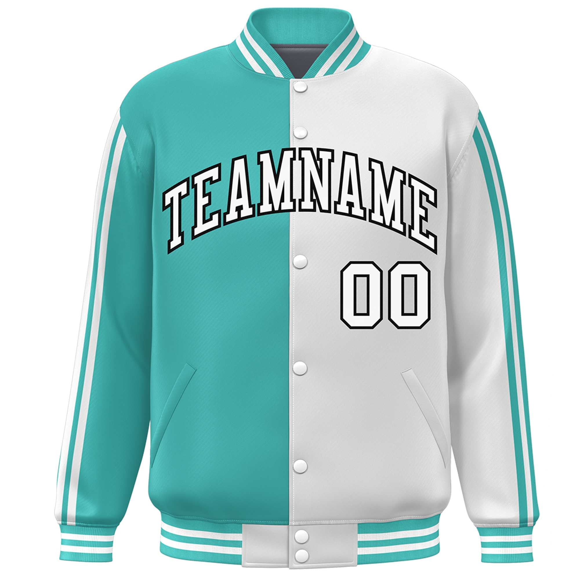 Custom White Aqua Two Tone Color Block Bomber Varsity Baseball Jacket