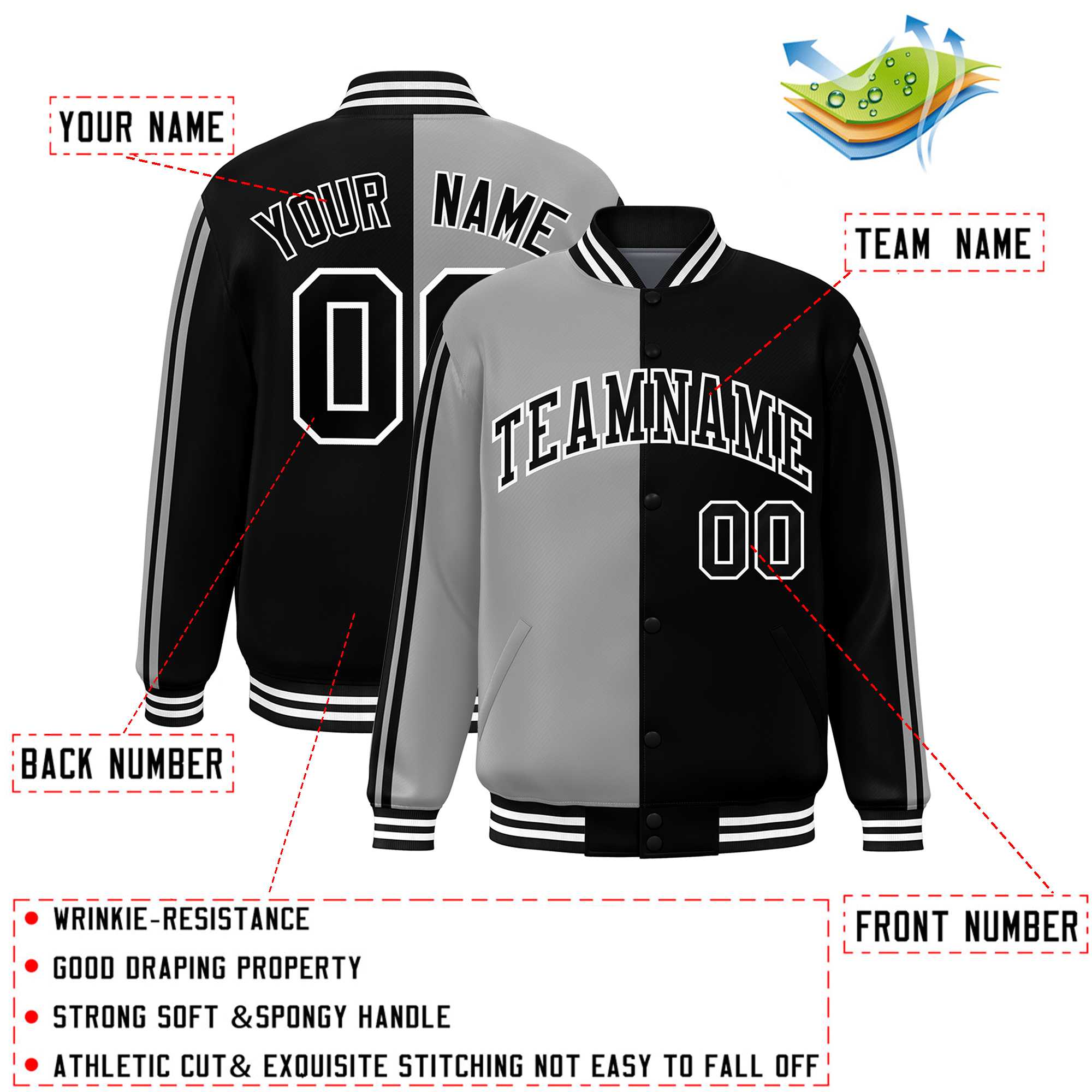 Custom Black Gray Two Tone Color Block Bomber Varsity Baseball Jacket